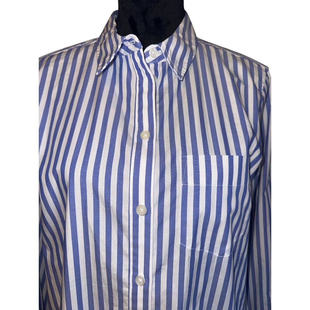 Blue & White Striped Button-Up Shirt Womens Medium By ON-34TH Long Sleeve Cotton - Picture 2 of 7